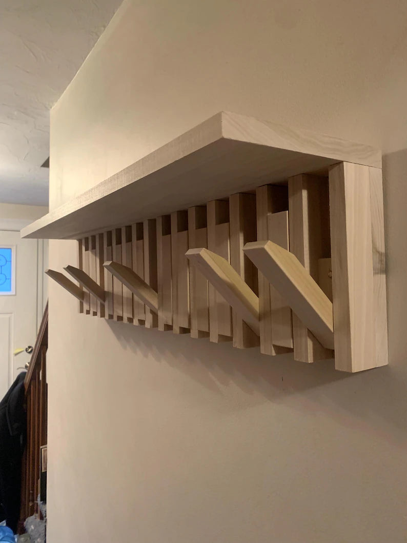 Modern Piano-Inspired Wooden Wall Coat Rack with Shelf – Flip-Down Hooks & Sleek Storage