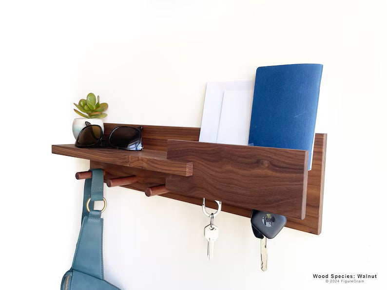 Modern Wall-Mount Entryway Organizer – Exotic Hardwood Shelf with Key Holder, Coat Rack & Mail Station for Stylish Home Décor