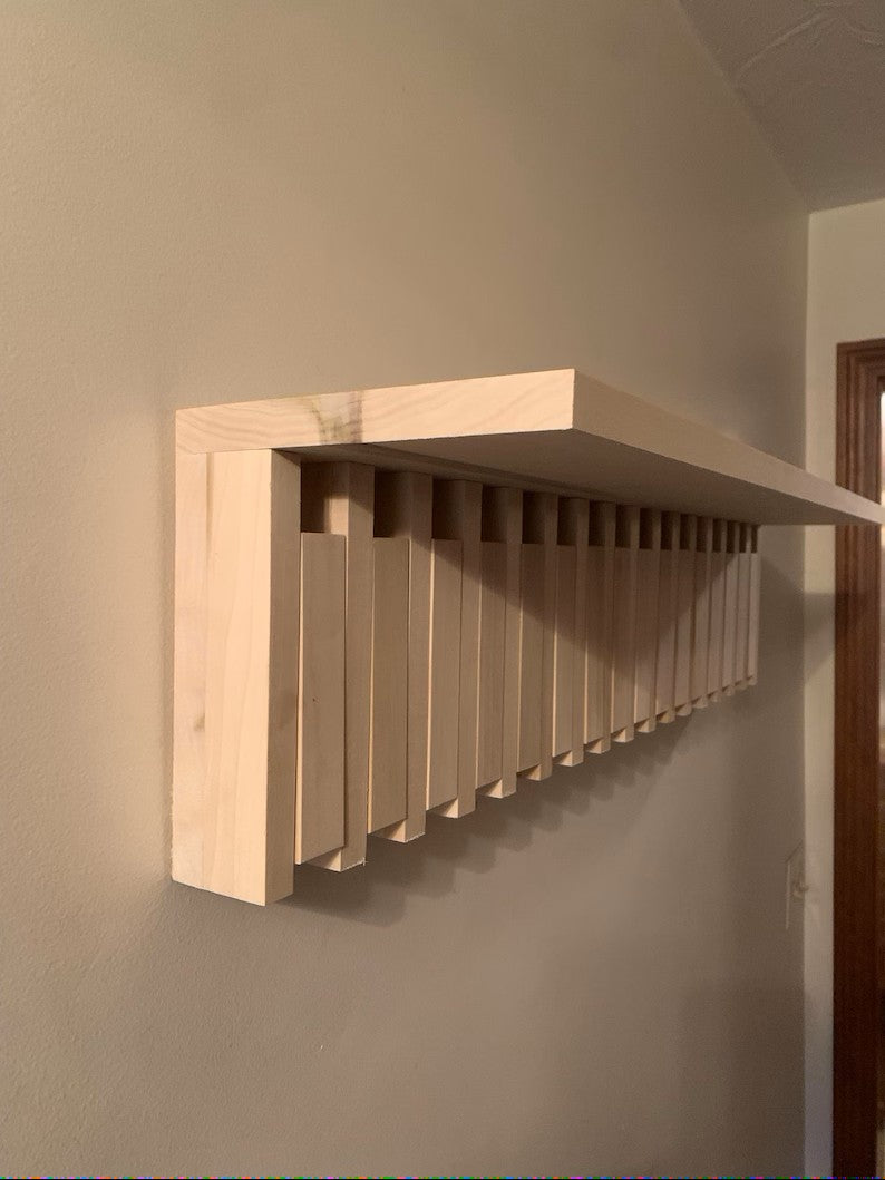 Modern Piano-Inspired Wooden Wall Coat Rack with Shelf – Flip-Down Hooks & Sleek Storage