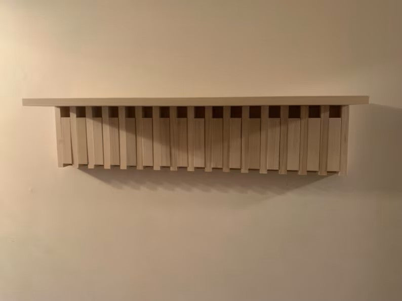 Modern Piano-Inspired Wooden Wall Coat Rack with Shelf – Flip-Down Hooks & Sleek Storage