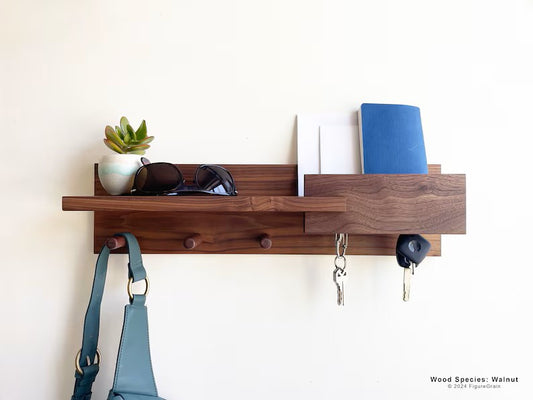 Modern Wall-Mount Entryway Organizer – Exotic Hardwood Shelf with Key Holder, Coat Rack & Mail Station for Stylish Home Décor
