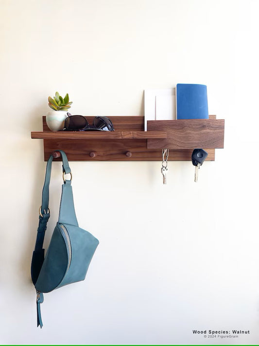 Modern Wall-Mount Entryway Organizer – Exotic Hardwood Shelf with Key Holder, Coat Rack & Mail Station for Stylish Home Décor