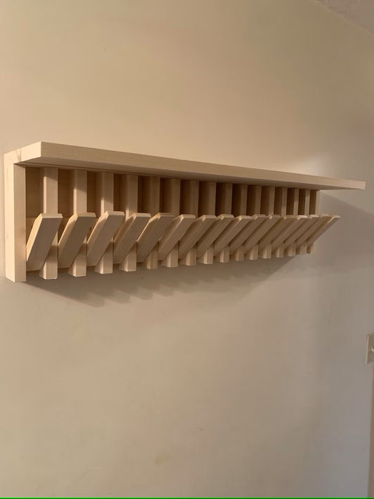 Modern Piano-Inspired Wooden Wall Coat Rack with Shelf – Flip-Down Hooks & Sleek Storage