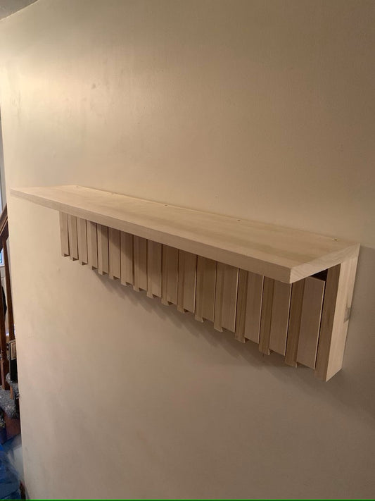 Modern Piano-Inspired Wooden Wall Coat Rack with Shelf – Flip-Down Hooks & Sleek Storage