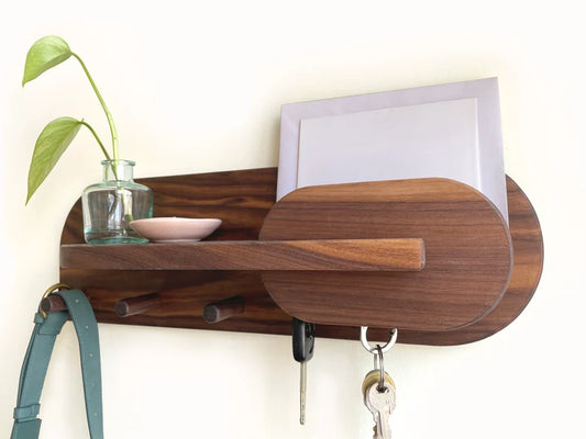Stylish Entryway Organizer – Exotic Walnut Wall Mount with Hooks, Shelf, Key & Mail Holder