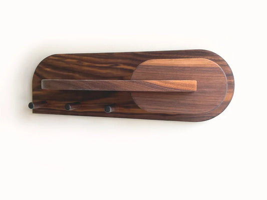 Stylish Entryway Organizer – Exotic Walnut Wall Mount with Hooks, Shelf, Key & Mail Holder